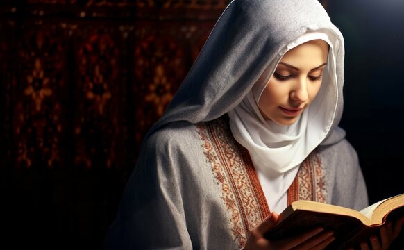 Mujer cristiana leyendo tranquilamente un libro religioso la biblia