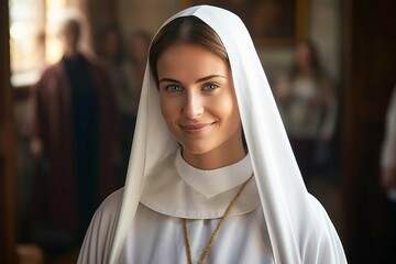 Monja religiosa cristiana sonriente en ambiente eclesiástico