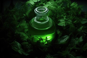Glowing emerald chlorophyll liquid surrounded by green foliage - obrazy, fototapety, plakaty
