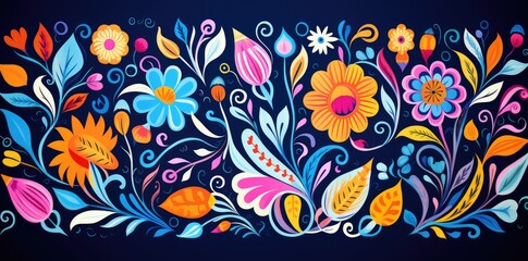 Vibrant Mexican Folk Art Floral Design on a Deep Blue Canvas - Generative AI