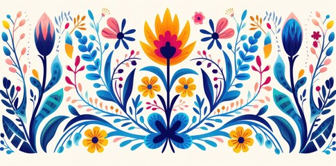 Fototapeta na wymiar Vibrant Mexican Folk Art Floral Design on a Deep Blue Canvas - Generative AI
