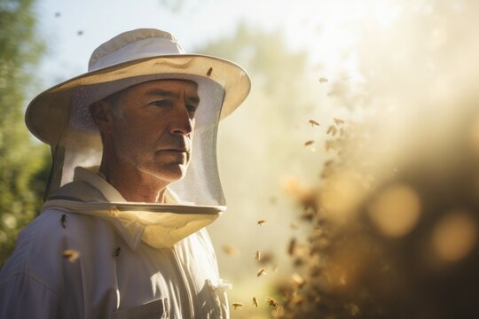 Male beekeeper in protective clothing with mesh on face