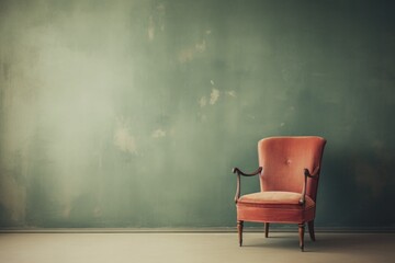 Red vintage armchair on legs with wooden armrests on an old green plain background - obrazy, fototapety, plakaty