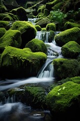 Serene Harmony: Moss-Covered Stones Adorn a Whispering Forest Stream - Generative AI