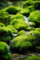 Serene Harmony: Moss-Covered Stones Adorn a Whispering Forest Stream - Generative AI