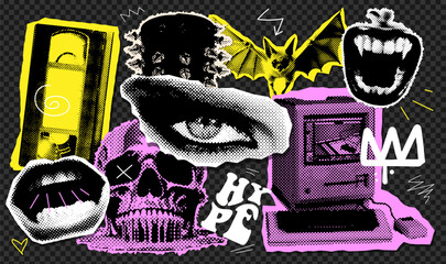 Halftone collage design elements set in trendy y2k magazine style. Retro pc, video cassette, melted skull, eye, screaming mouth, bat and rock spiked wristband. Vector vintage grunge punk cutout shapes