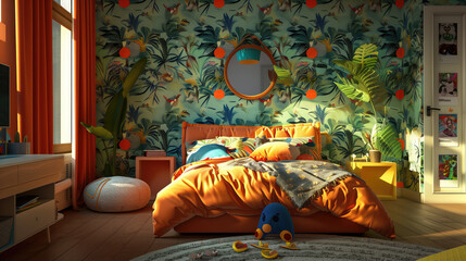 A cozy and colorful children's bedroom with a vibrant jungle-themed wallpaper, warm sunlight filtering in, and playful decor.