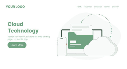 Cloud Technology. Web Landing Page Design. Flat Cartoon Vector Illustration. Vector illustration, suitable for web landing page, ui, mobile app.