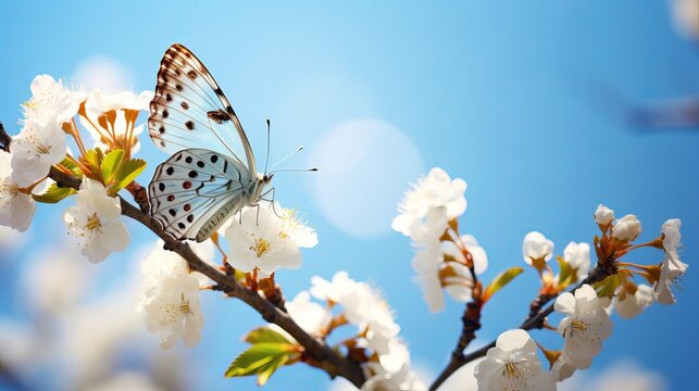 Vintage spring image with butterfly and blossoming fruit tree against blue sky. Springtime nature abstract