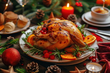 roasted chicken on the table, Christmas family dinner concept