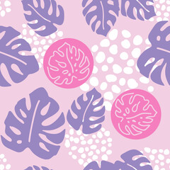 Monstera leaves decorative seamless pattern for textile design, fabric print, digital or wrapping paper, wallpaper, background and backdrop, decoration. Tropical summer holiday theme.