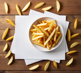  french fries on wooden background - 742518350