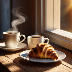 breakfast cup of coffee and croissant - 742518379
