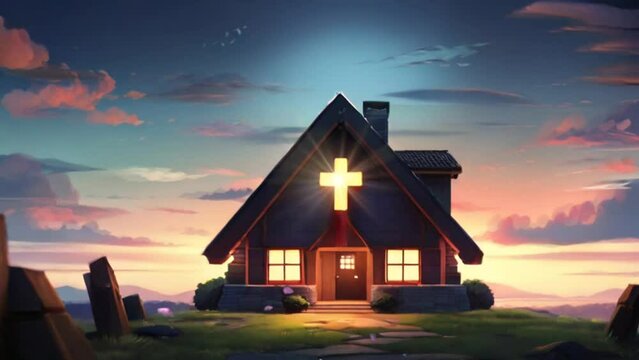 a house of worship on a hill with a cross symbol at the entrance and beside the house. Cartoon or anime watercolor digital painting illustration style. seamless looping 4k video animation background
