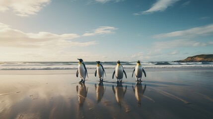Wildlife scene from wild nature. Group of King penguins, Aptenodytes patagonicus, going from white sand in to the sea, artic animals in the nature habitat, dark blue sky, Falkland Islands