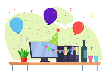 Office desk with computer decorated with party hat, flags and balloons. Vector illustration. Bottle of wine and plastic cups on table. Confetti on background. Office party, celebration concept