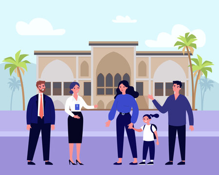 Travel agent and tour guide greeting family of tourists. Vector illustration. Ancient building in Indian style on background. Exploring local attractions, tourism, travelling concept