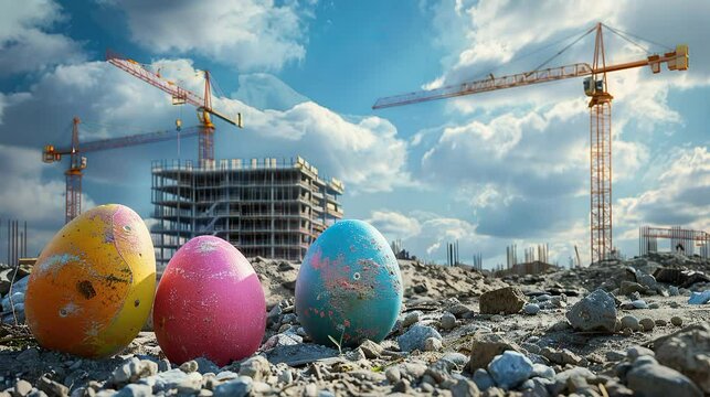 three painted easter egg from concrete blue pink yellow color with background of tower crane and skyscaper progress building with column sloof and beam easter greeting from construction site