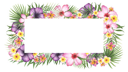 Fame tropic plant palm, hibiscus. plumeria flower isolated white background. Watercolor hand drawn botanical sketch illustration. Art for design banner, beauty, relaxation, template, spa