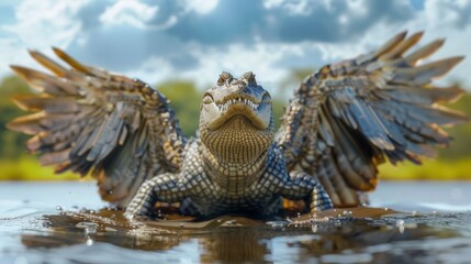 Obraz premium fantastic flying mutant, winged crocodile, genetic experiment with biological weapons.