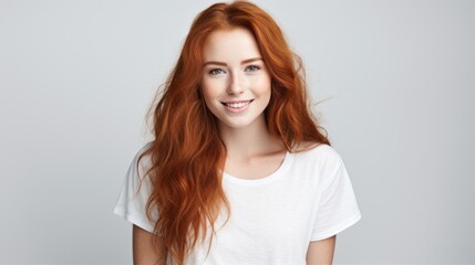 A closeup of a happy attractive smiling young red-haired girl with freckles, wearing a basic T-shirt, looks at the camera on a white background. Positive emotions, Portrait, Facial Expression concepts