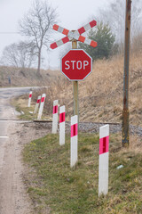 a stop sign at a railway crossing and a row of white and red roadside cones, photo in vertical...