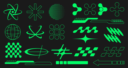 Fototapeta na wymiar Set of green abstract retro futuristic Y2K elements and shapes isolated on a black background. Y2K geometric shapes, forms, symbols for template, poster, banner, web, stickers, logo, social media.