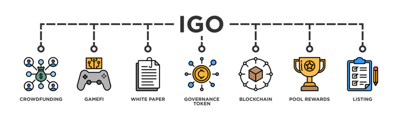 IGO banner web icon illustration concept of initial game offering with icon of crowdfunding, gamefi, white paper, governance token, blockchain, pool rewards and listing
