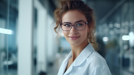 Fototapeta premium Young successful female worker of scientific laboratory in whitecoat and eyeglasses standing by glass wall inside office in front of camera