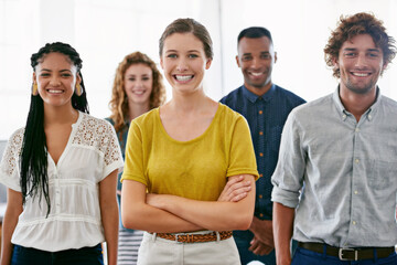 Business people, portrait and happy with collaboration in office for recruitment, onboarding or...