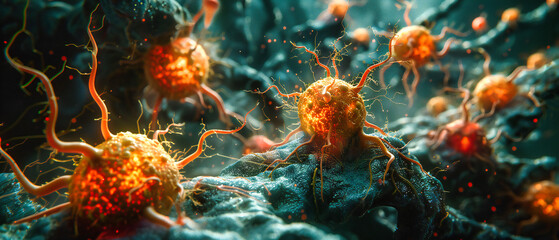 Microscopic View of Virus and Immune Response, Science and Medicine Research, Detailed Biological Illustration