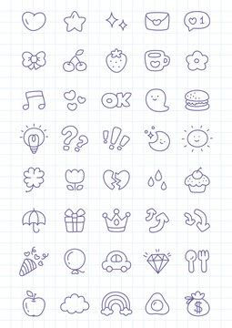 Kawaii icon set. Collection of cute hand drawn stickers isolated on a checkered background. Vector 10 EPS.