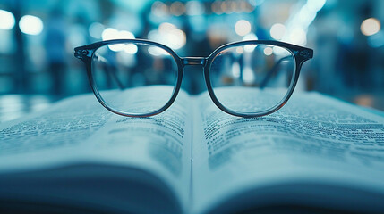Close up of a medical research paper and glasses knowledge in medicine