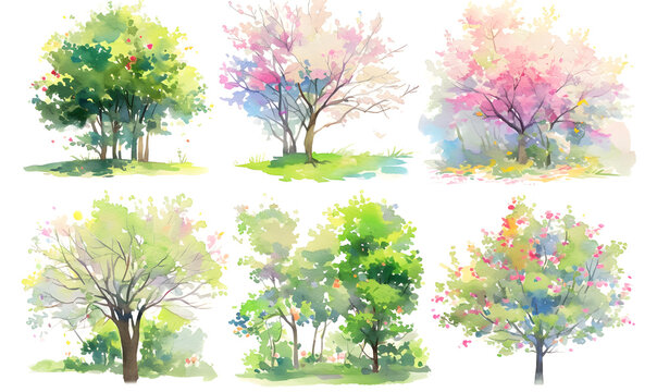 collection of tree , soft watercolor painting style, Generative AI 