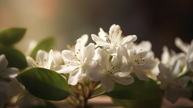 hyper-realistic images of Jasmine blossoms bathed in soft morning light. Frame the composition to highlight the delicate petals and convey the freshness of the blooms, adding a cinematic touch to the 