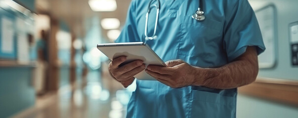 Doctor reviewing a digital health record on a tablet efficient care