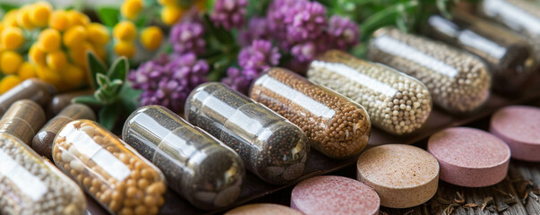 Medical herbs and pills alternative medicine and pharmaceuticals - obrazy, fototapety, plakaty
