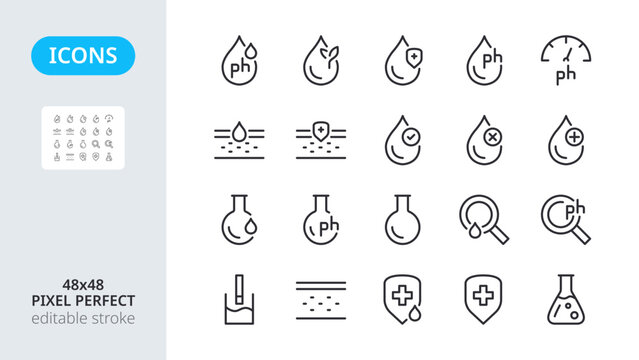Water balance icons. Test for measuring ph. Paraben free. Safe for skin. Hypoallergenic organic product. Set line icons on white isolated background. Pixel perfect, editable stroke.