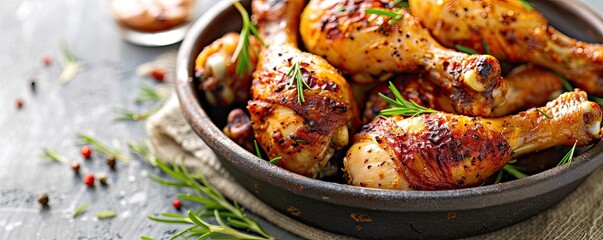Golden roasted chicken legs seasoned with rosemary and spices, served on a white plate, perfect for a hearty meal - obrazy, fototapety, plakaty