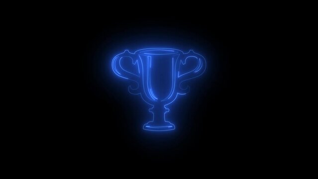 Neon glowing blue trophy icon animation in black background