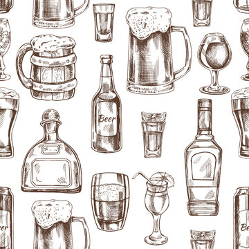 Seamless hand-drawn pattern of alcohol drinks. Vector illustration in vintage style. Beverages. Good for the menu.