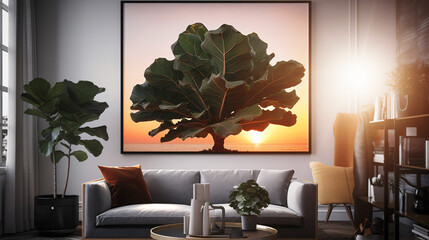 hyper-realistic images of Fiddle Leaf Fig against the backdrop of a vibrant sunset in a contemporary space. Frame the composition to showcase the warm hues of the setting sun, creating a cinematic and