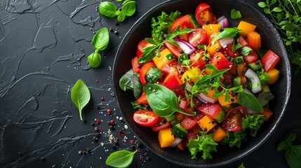 Healthy food salad presented on a sleek black tabletop, providing copy space for text