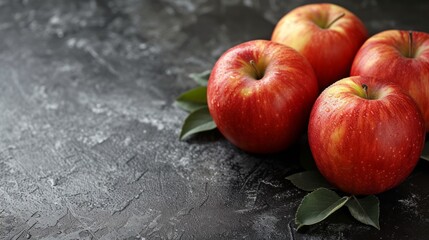 Delicious apples presented on a sleek black tabletop, providing ample copy space for text, ideal for promotional or informational content.