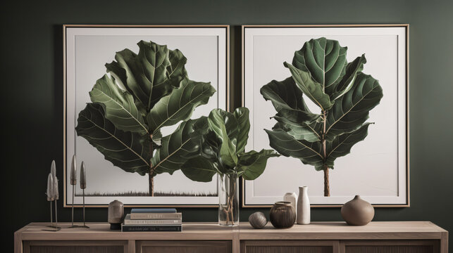 hyper-realistic images of Fiddle Leaf Fig plants harmonizing in a mid-century modern decor setting. Frame the composition to convey a sense of timeless elegance and natural beauty, enhancing the cinem