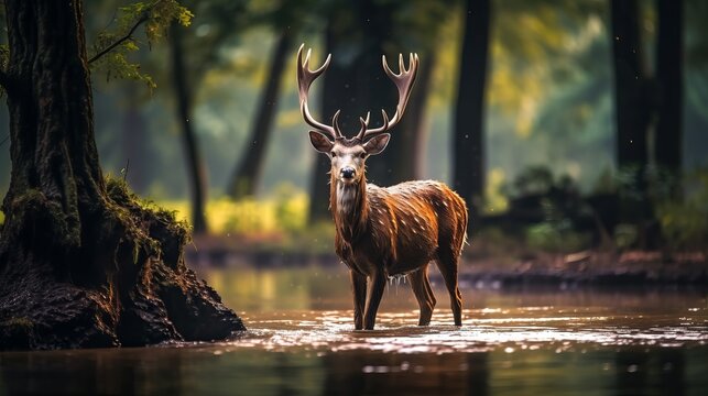 Barasingha deer in the nature habitat in India. Beautiful and big deers in the dark forest. Indian wildlife and very rare animals. Barasinga deers