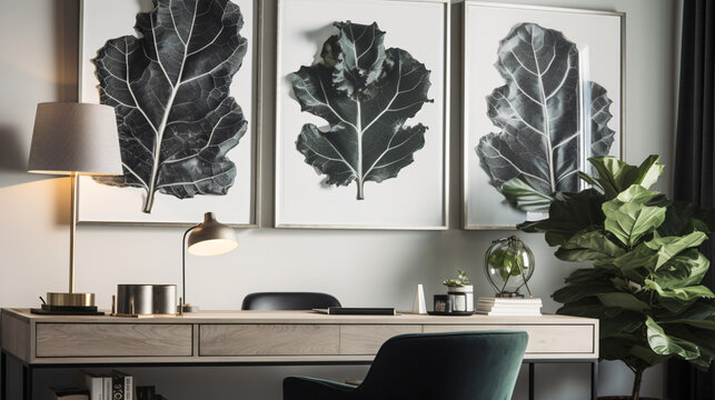hyper-realistic images of Fiddle Leaf Fig plants harmonizing in a mid-century modern decor setting. Frame the composition to convey a sense of timeless elegance and natural beauty, enhancing the cinem