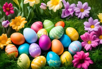 Fototapeta na wymiar A vibrant scene of colorful Easter eggs nestled among blooming flowers, their hues popping against the lush greenery