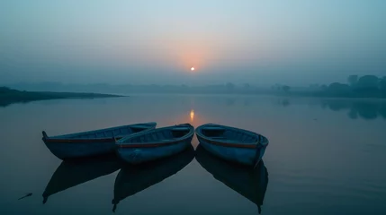 Papier Peint photo Lavable Réflexion Traditional boats float peacefully on a tranquil lake under a soft sunrise, reflecting the simplicity of a quiet morning.
