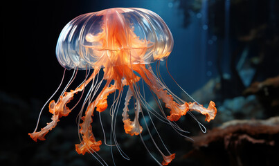 Transparent jellyfish plays with light reflecting underwater. marine life